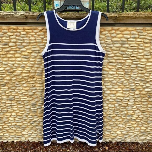 Sail to Sable Blue & White Striped Nautical Sleeveless Dress. Medium. EUC! - Picture 1 of 5